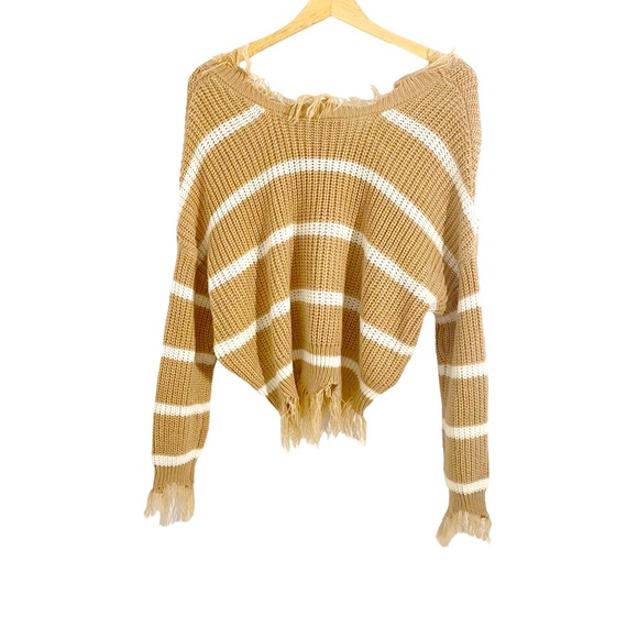 Polly & Esther Beige & White Stripes Destructed Chunky Knit Cropped Sweater, S - Picture 2 of 10